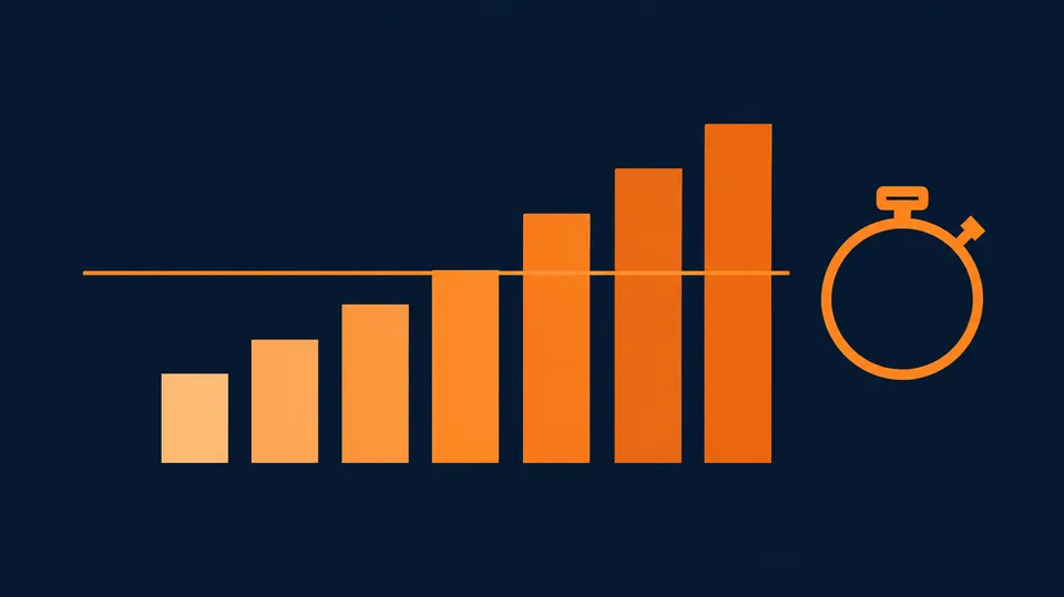Grafik af syv søjler i stigende højde med en vandret tærskellinje og et stopur uden tal