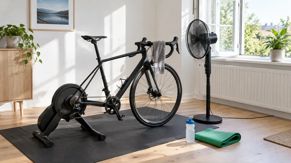 Træningshjørne derhjemme med cykel på hometrainer, gulvmåtte, ventilator og åbent vindue