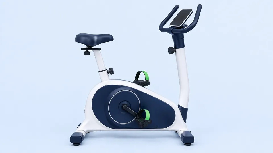 Motionscykel med bred polstret sadel, lukket svinghjul og et lille slukket display